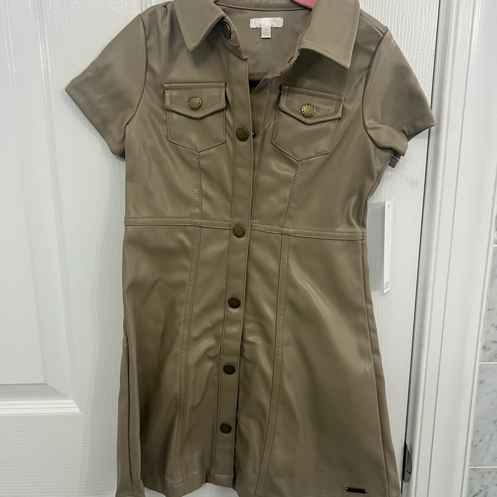Tahiti Kids Taupe Faux Leather Button-Front Dress